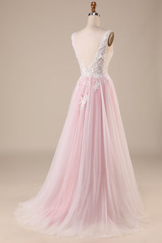Rosa A-Line Tule Vestido de Noiva Com Apliques