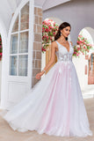 Charmoso A Line V-Neck Rosa Tulle Varredura Trem Vestido de Noiva com Apliques