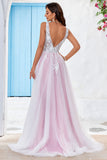Charmoso A Line V-Neck Rosa Tulle Varredura Trem Vestido de Noiva com Apliques
