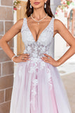 Charmoso A Line V-Neck Rosa Tulle Varredura Trem Vestido de Noiva com Apliques