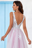 Charmoso A Line V-Neck Rosa Tulle Varredura Trem Vestido de Noiva com Apliques