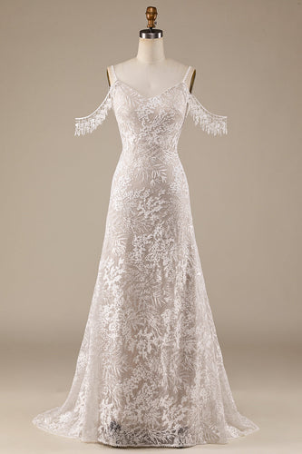 Vestido de noiva de renda de marfim com franjas