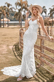 Encantador Sereia Esparguete Correias Renda Marfim Vestido de Noiva com Sweep Train