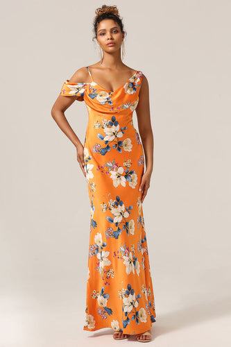 Sereia da moda Um ombro estampado vestido de dama de honra flor laranja