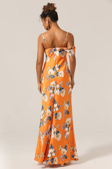 Sereia da moda Um ombro estampado vestido de dama de honra flor laranja