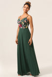 Beleza A-Line Espaghetti Correias Verde Escuro Vestido Longo Madrinha com Flores 3D
