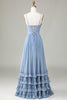 Carregar imagem no visualizador da galeria, Dusty azul estampado espartilho espaguete alças longo vestido de dama de honra com cruz criss para trás