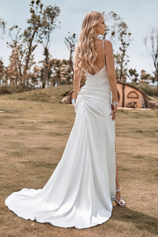 Marfim Boho cetim vestido de noiva sereia simples com fenda