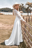 Marfim Boho bainha simples mangas longas vestido de noiva com renda