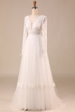 Marfim mangas compridas tule A-Line vestido de noiva com renda