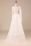 Marfim mangas compridas tule A-Line vestido de noiva com renda