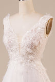 Sparkly Tule frisado marfim longo vestido de noiva