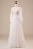 A-Line Tule frisado vestido de noiva marfim com mangas