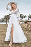 A-Line Tule frisado vestido de noiva de marfim com mangas compridas