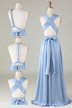 Vestido de dama de honra de cetim azul conversível com fenda