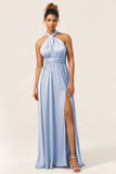 Vestido de dama de honra conversível de cetim azul com fenda