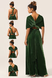 Elegante Uma Linha V Pescoço Verde Escuro Covertible Wear Velvet Long Bridesmaid Dress