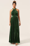 Elegante Uma Linha V Pescoço Verde Escuro Covertible Wear Velvet Long Bridesmaid Dress