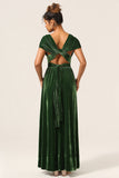 Elegante Uma Linha V Pescoço Verde Escuro Covertible Wear Velvet Long Bridesmaid Dress