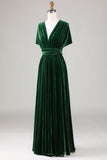 Verde Escuro Covertible Usar Veludo Vestido de Dama de Honor