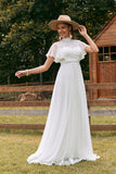 Vintage Marfim Chiffon Boho Vestido de Noiva com Renda