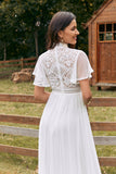 Vintage Marfim Chiffon Boho Vestido de Noiva com Renda