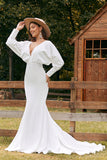 Marfim simples mangas longas sereia vestido de noiva