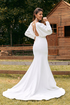 Marfim simples mangas longas sereia vestido de noiva