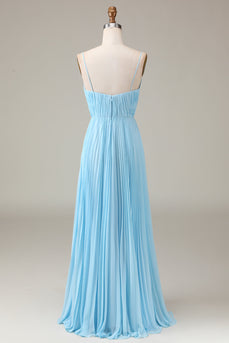 Sky Blue Espaghetti Correias V-neck A-line plissado Chiffon vestido de dama de honra