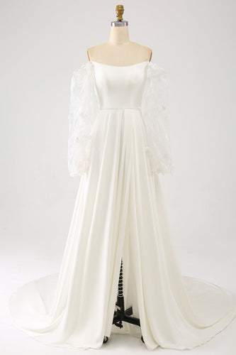 Marfim Uma linha Long Chiffon vestido de noiva com borboletas 3D mangas longas