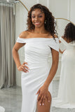Marfim simples um ombro drapeado vestido de noiva com fenda