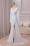 Marfim V-neck mangas longas A-line Chiffon vestido de noiva