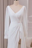 Marfim V-neck mangas longas A-line Chiffon vestido de noiva