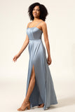 A-Line Espaghetti Correias Dusty Blue Satin Long Bridesmaid Dress
