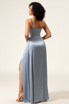 A-Line Espaghetti Correias Dusty Blue Satin Long Bridesmaid Dress