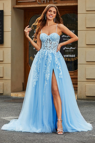 Tule A-Line Esparguete Correias Sky Blue Long Corset Prom Dress com Apliques
