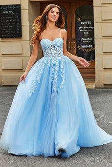 Tule A-Line Esparguete Correias Sky Blue Long Corset Prom Dress com Apliques
