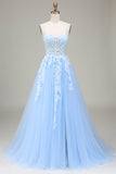 Tule A-Line Esparguete Correias Sky Blue Prom Dress com Apliques