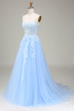 Tule A-Line Esparguete Correias Sky Blue Prom Dress com Apliques