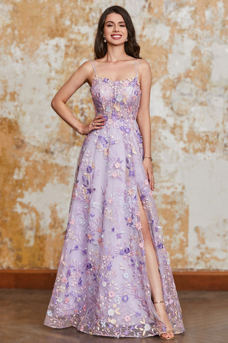 Lindo A Line Spaghetti Straps Light Purple Long Prom Dress com Apliques