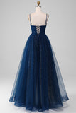 Navy Ball-Gown V-Neck Long Beaded Tulle Prom vestidos com pregas
