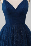 Navy Ball-Gown V-Neck Long Beaded Tulle Prom vestidos com pregas
