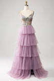 Mauve A-Line Corset Tiered Long Prom Dress Com Apliques