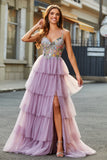 A-Line Tulle Long Corset Tiered Mauve Prom Dress Com Apliques