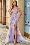 Mauve Off The Shoulder Split Front Long Mermaid Prom Dress Com Apliques