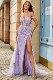 Mauve Off The Shoulder Split Front Long Mermaid Prom Dress Com Apliques