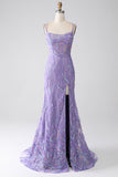Sereia Lace-Up Back Lilac Sequins Vestido de Baile com Fenda