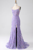 Sereia Lace-Up Back Lilac Sequins Vestido de Baile com Fenda