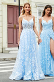 Lindo A Line Spaghetti Straps Sky Blue Corset Prom Dress com Apliques