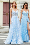 Lindo A Line Spaghetti Straps Sky Blue Corset Prom Dress com Apliques
